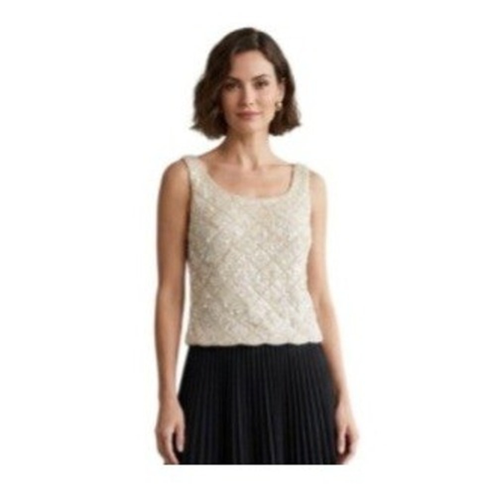 Vintage 60s Cavanagh 100% Beaded Sequin Wool Sweater Top Vest Ivory Cream L